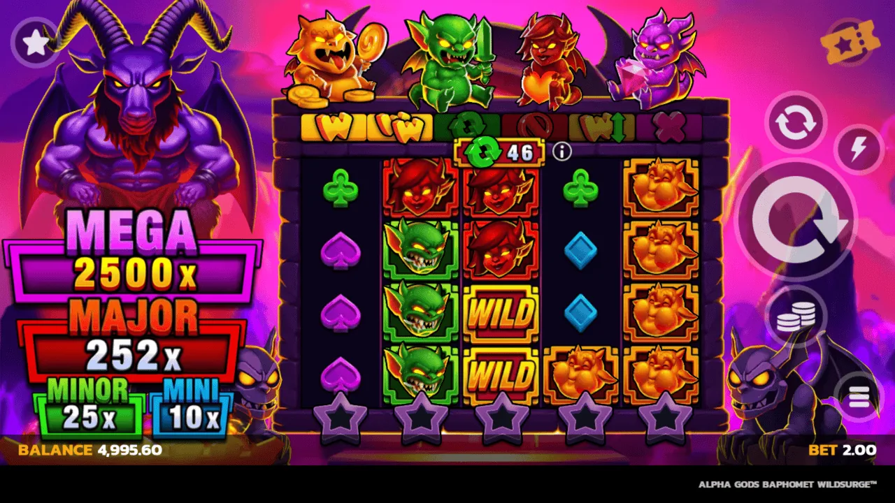 Alpha Gods: Baphomet gameplay showing the reels and controls