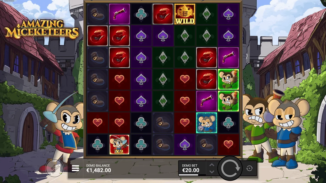 Amazing Miceketeers gameplay showing reels and controls