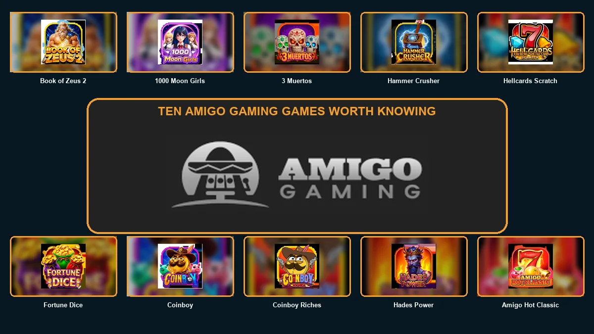Ten Amigo Gaming thumbnails arranged around the large Amigo Gaming logo