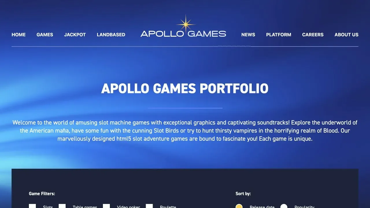 Official Apollo Games website showing its logo, navigation and game library