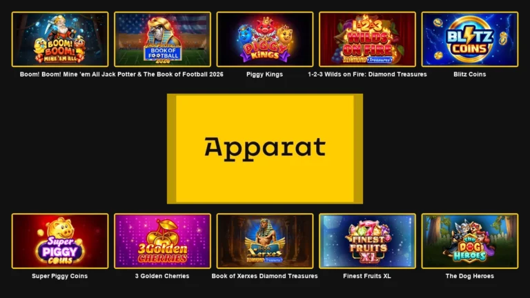 Apparat Gaming logo centred between ten complete branded game thumbnails