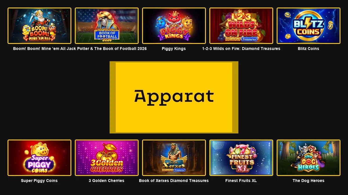 Apparat Gaming logo centred between ten complete branded game thumbnails