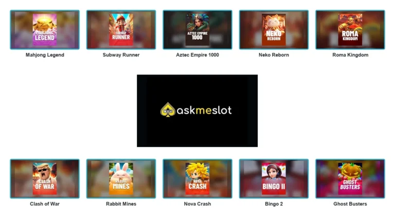 Askmeslot logo centred between ten complete branded game thumbnails