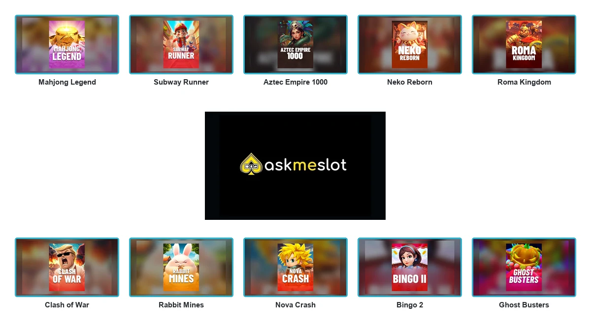 Askmeslot logo centred between ten complete branded game thumbnails