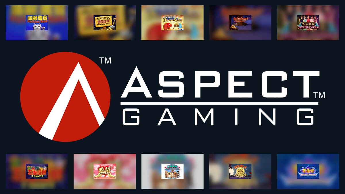 Aspect Gaming logo centred between ten complete branded game thumbnails