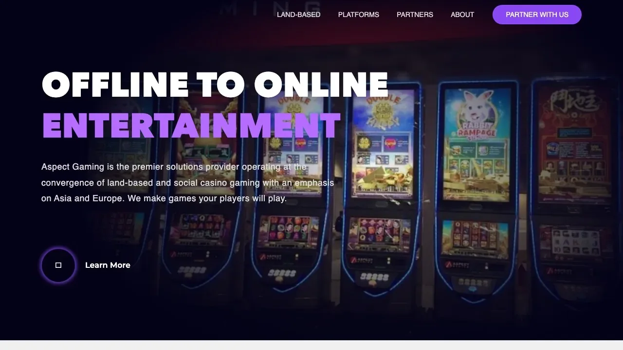 Aspect Gaming website showing the official logo and casino products without pop-ups