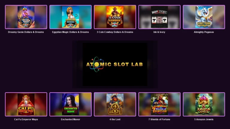 Atomic Slot Lab logo centred between ten complete branded game thumbnails
