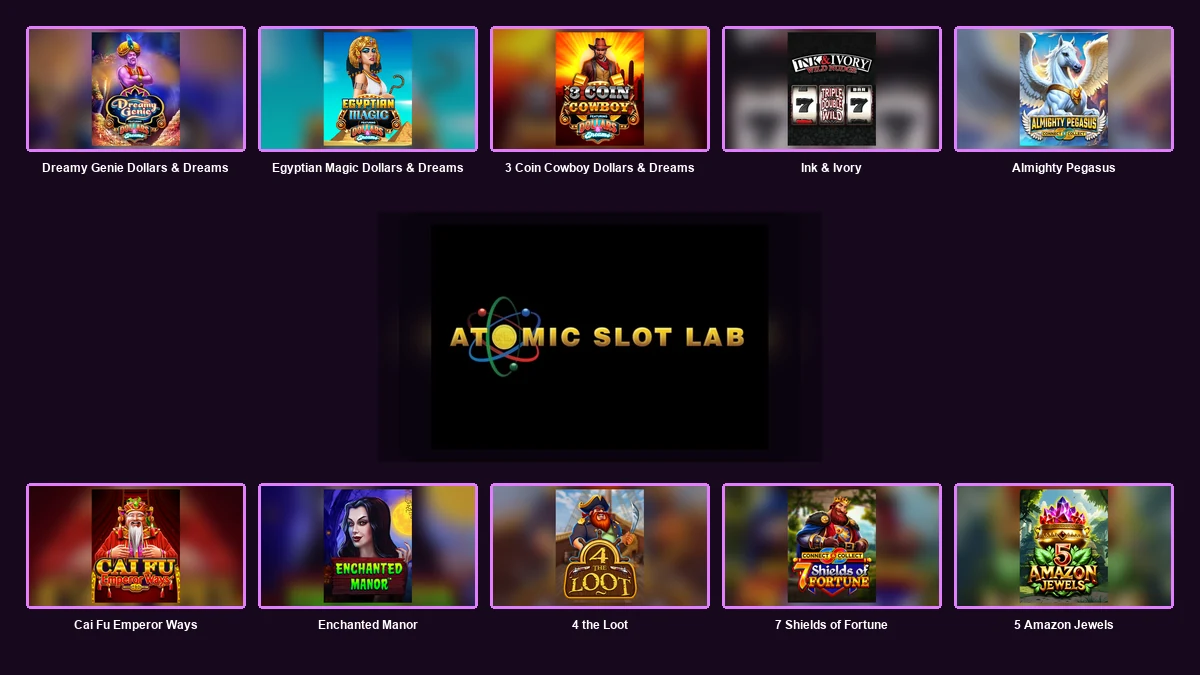 Atomic Slot Lab logo centred between ten complete branded game thumbnails