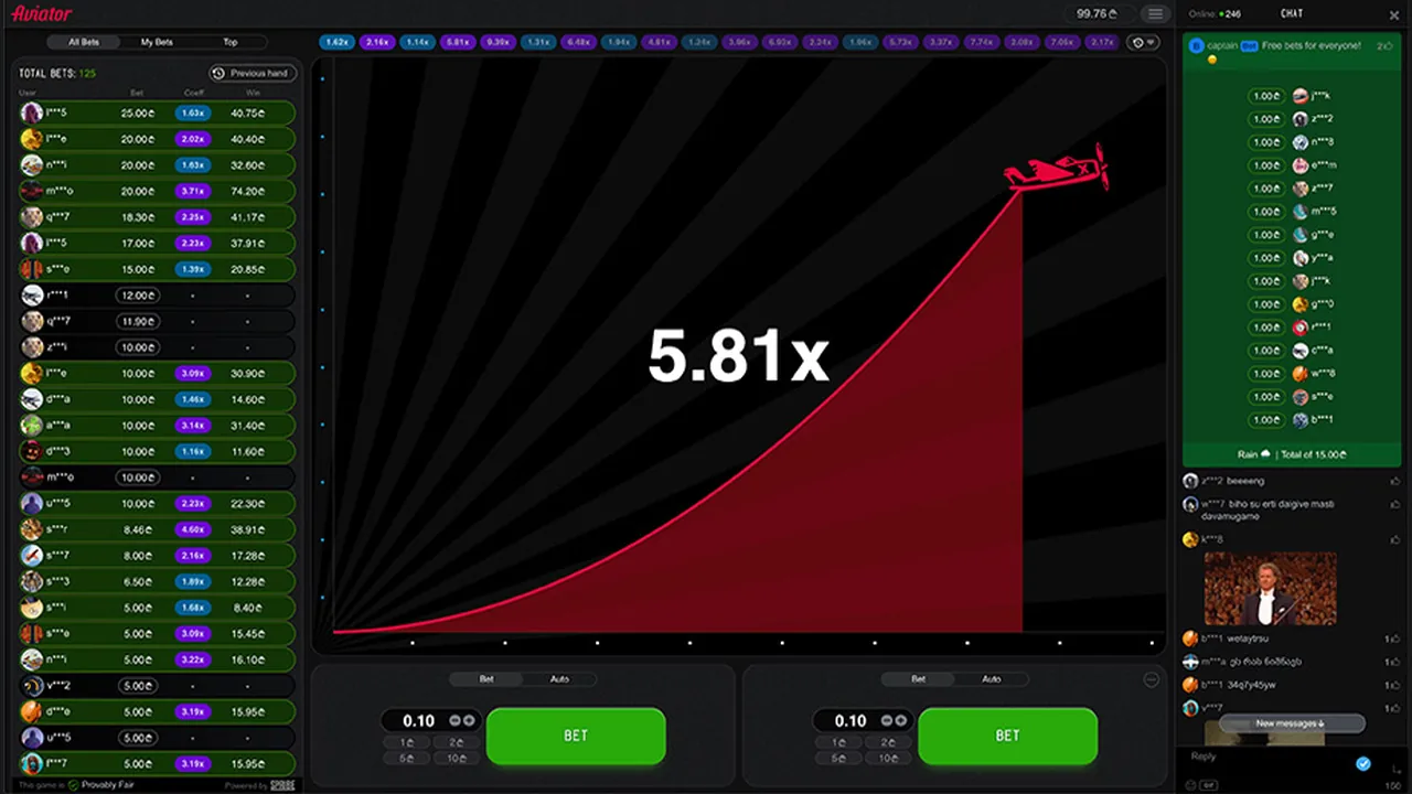 Aviator gameplay showing the full interface