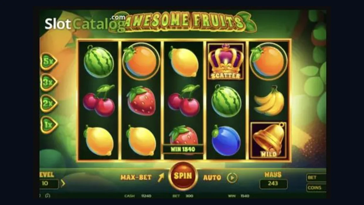 Awesome Fruits gameplay screenshot showing the reels and controls