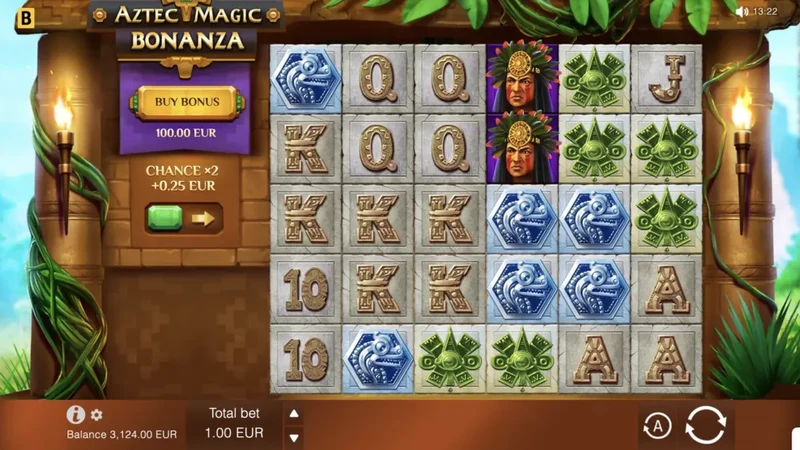 Aztec Magic Bonanza slot gameplay — Aztec stone glyph cluster grid