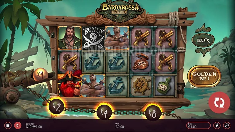 Barbarossa slot gameplay — cascading pirate reels with win multipliers