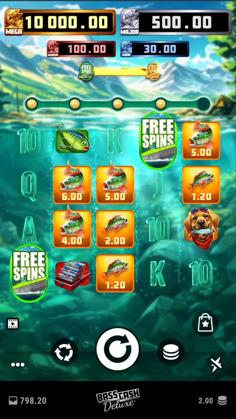Bass Cash Deluxe gameplay screenshot showing the reels and controls