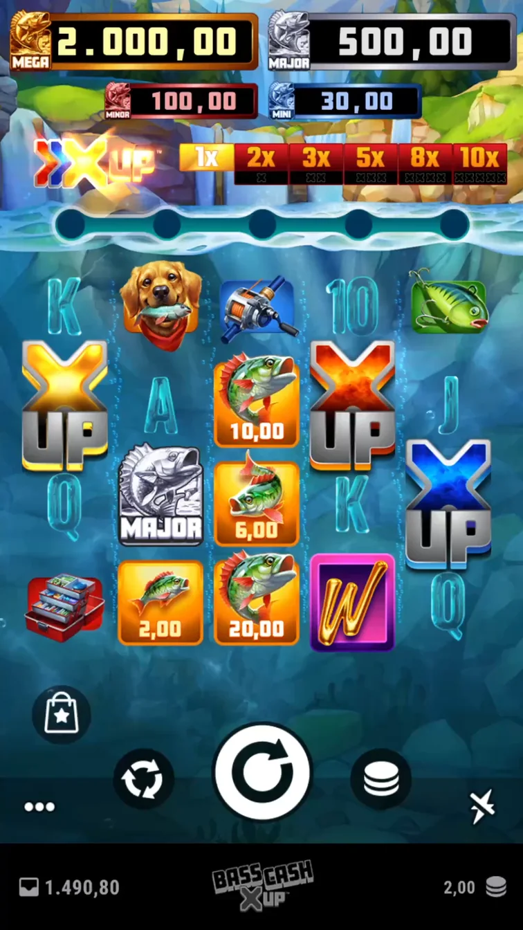 Bass Cash X UP gameplay screenshot showing the reels and controls