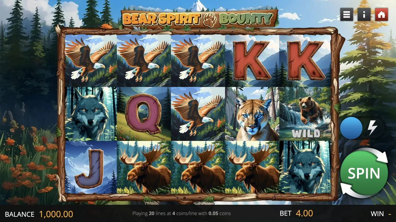 Bear Spirit Bounty gameplay screenshot showing the reels and controls
