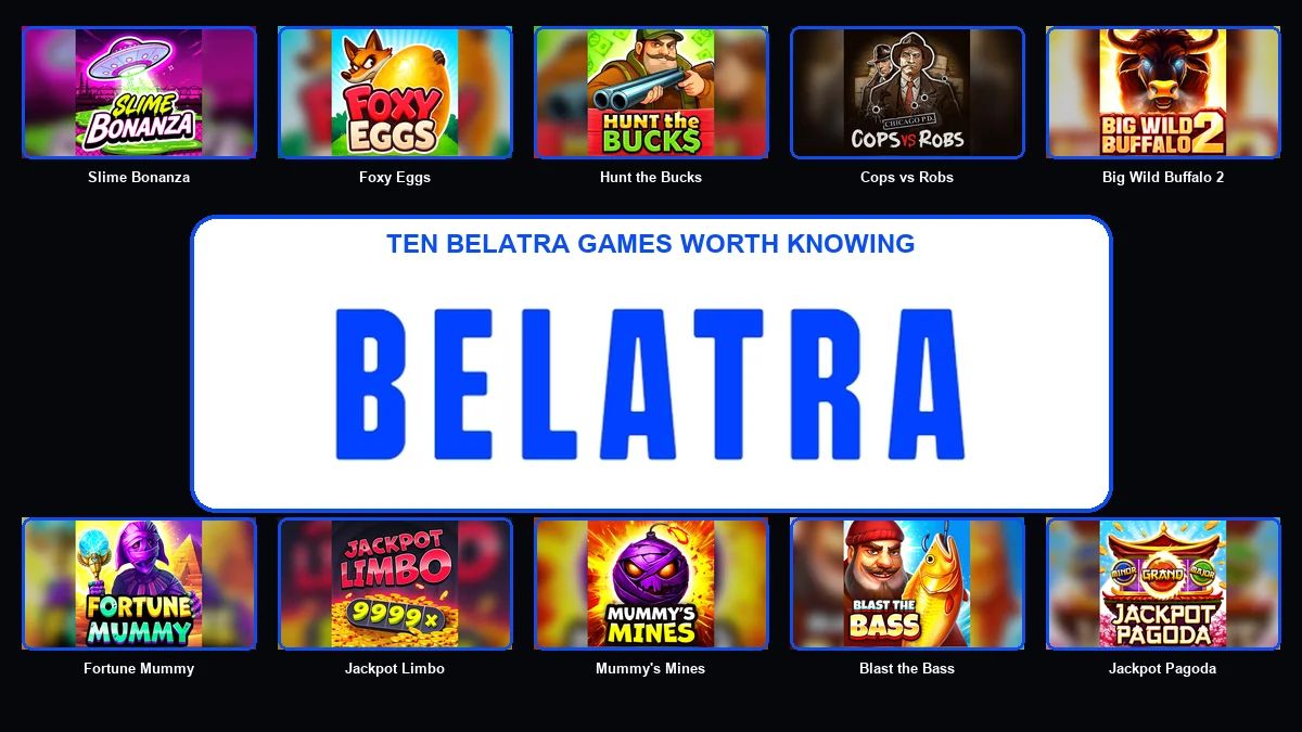 Ten Belatra game thumbnails arranged around the large Belatra logo