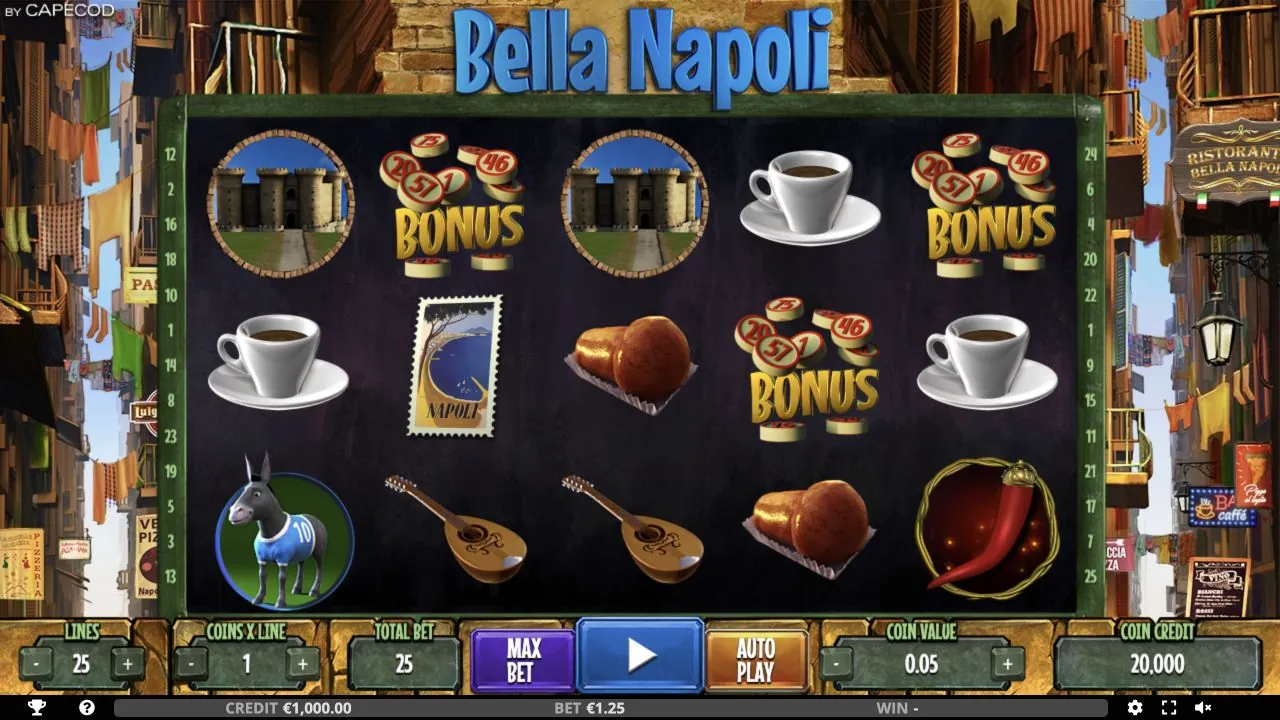 Bella Napoli loaded gameplay interface with reels and controls visible
