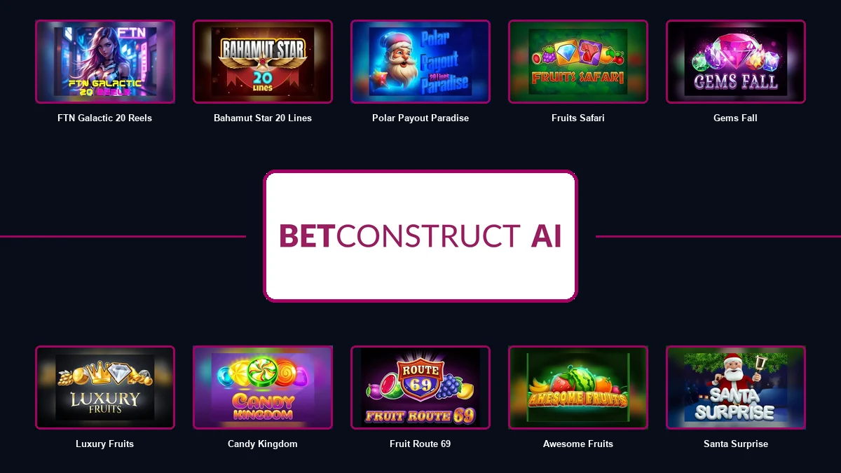 BetConstruct logo surrounded by ten essential slot games