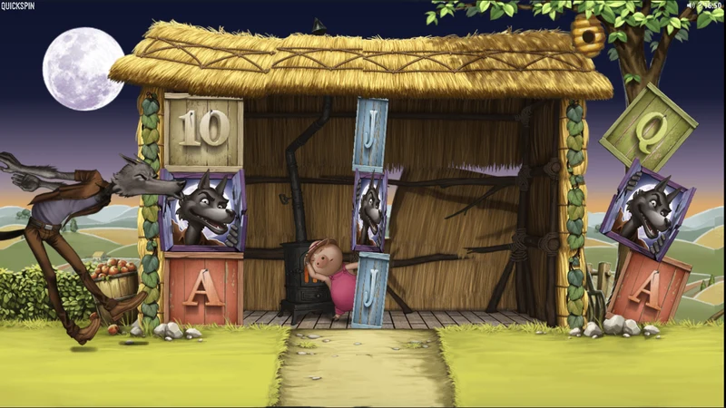 Big Bad Wolf slot gameplay — three little pigs cottage and reels
