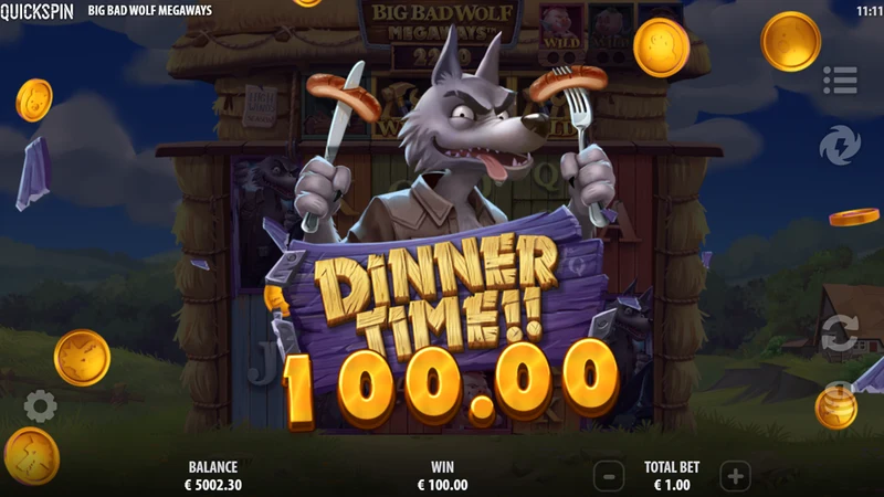 Big Bad Wolf Megaways slot gameplay — dinner time win presentation