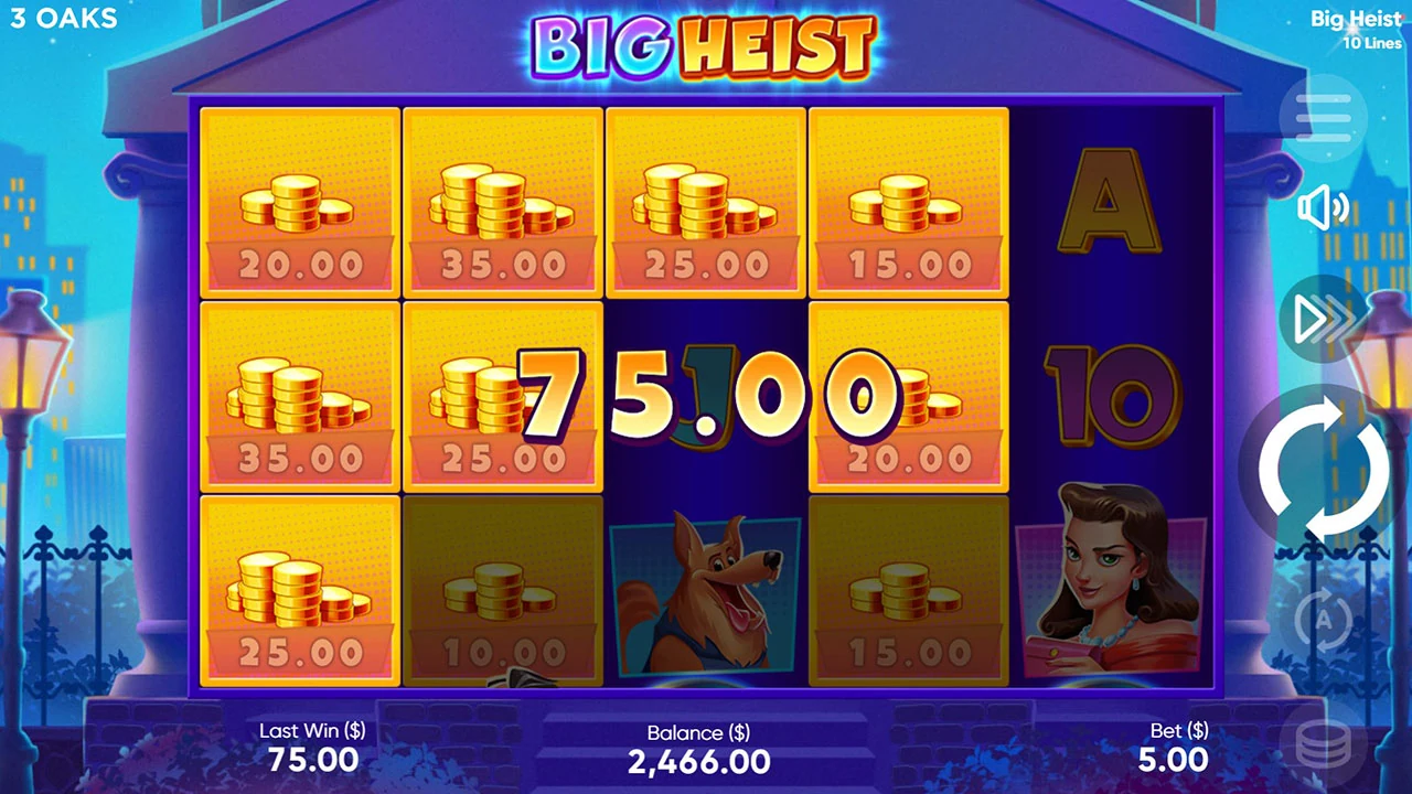 Big Heist loaded gameplay interface showing the reels and controls