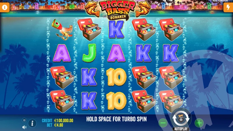 Bigger Bass Bonanza slot gameplay — fishing themed reels with royals and tackle-box symbols
