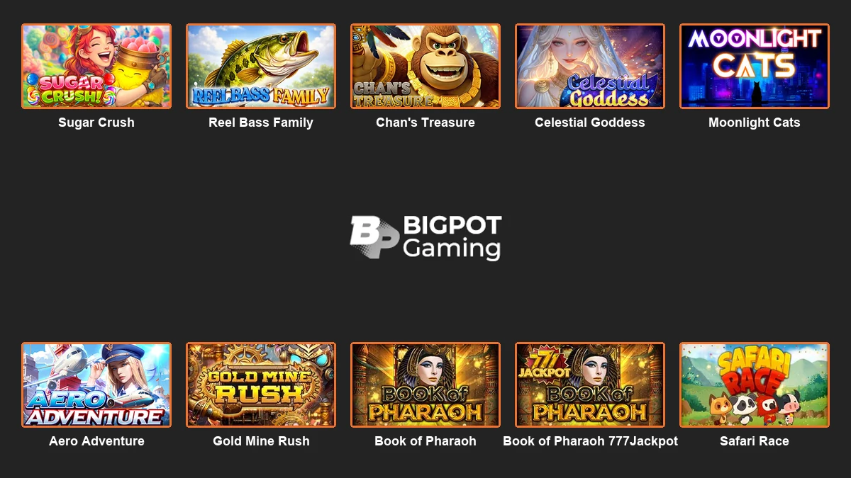 Bigpot Gaming logo centred between ten complete branded game thumbnails