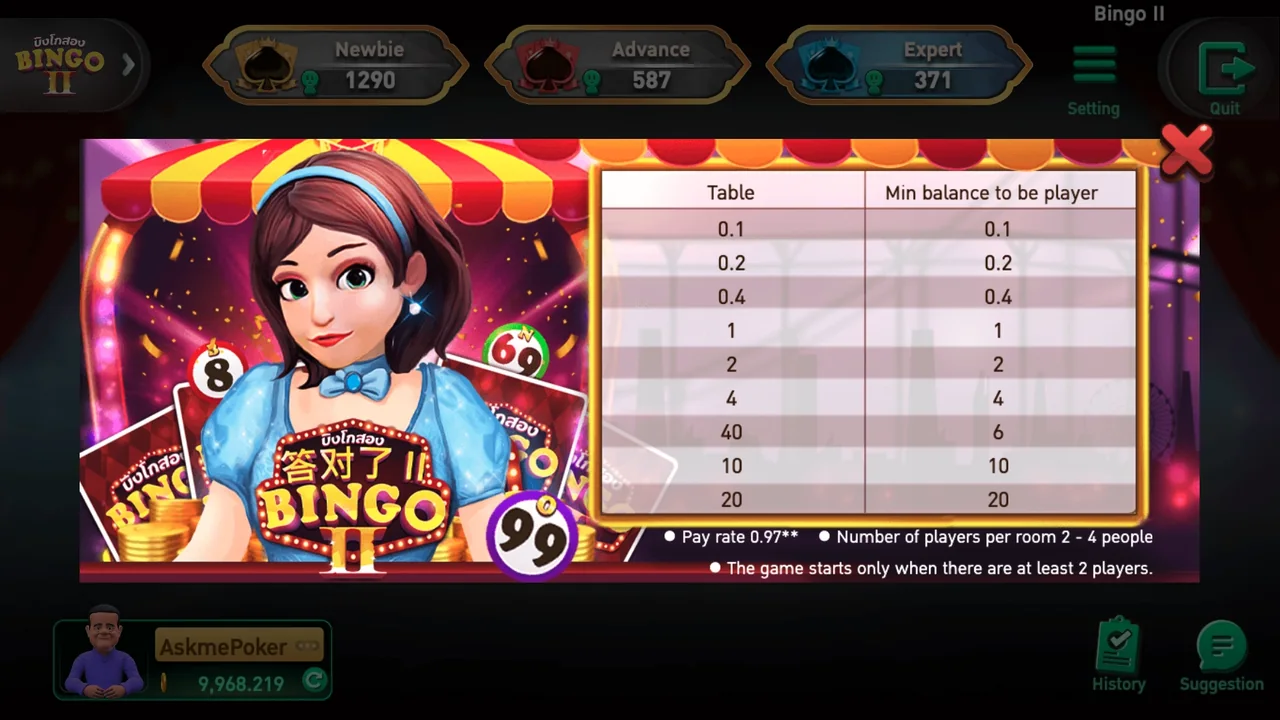 Bingo 2 official loaded gameplay interface with active controls visible
