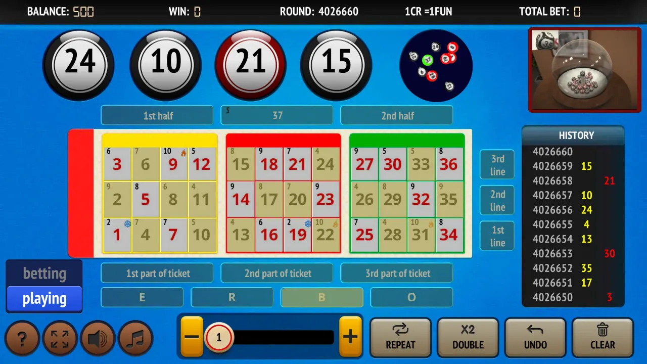 Bingo 37 Ticket loaded gameplay screen showing the game interface