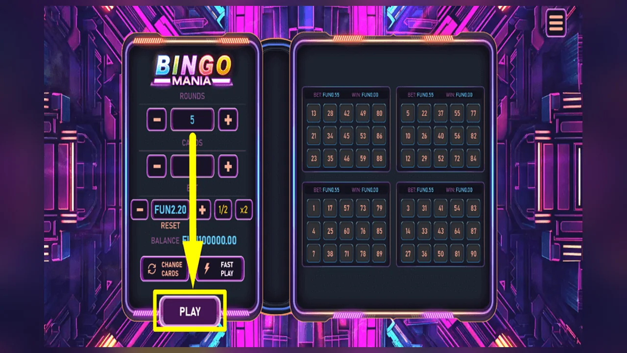 Bingo Mania gameplay screen with the game interface and controls visible