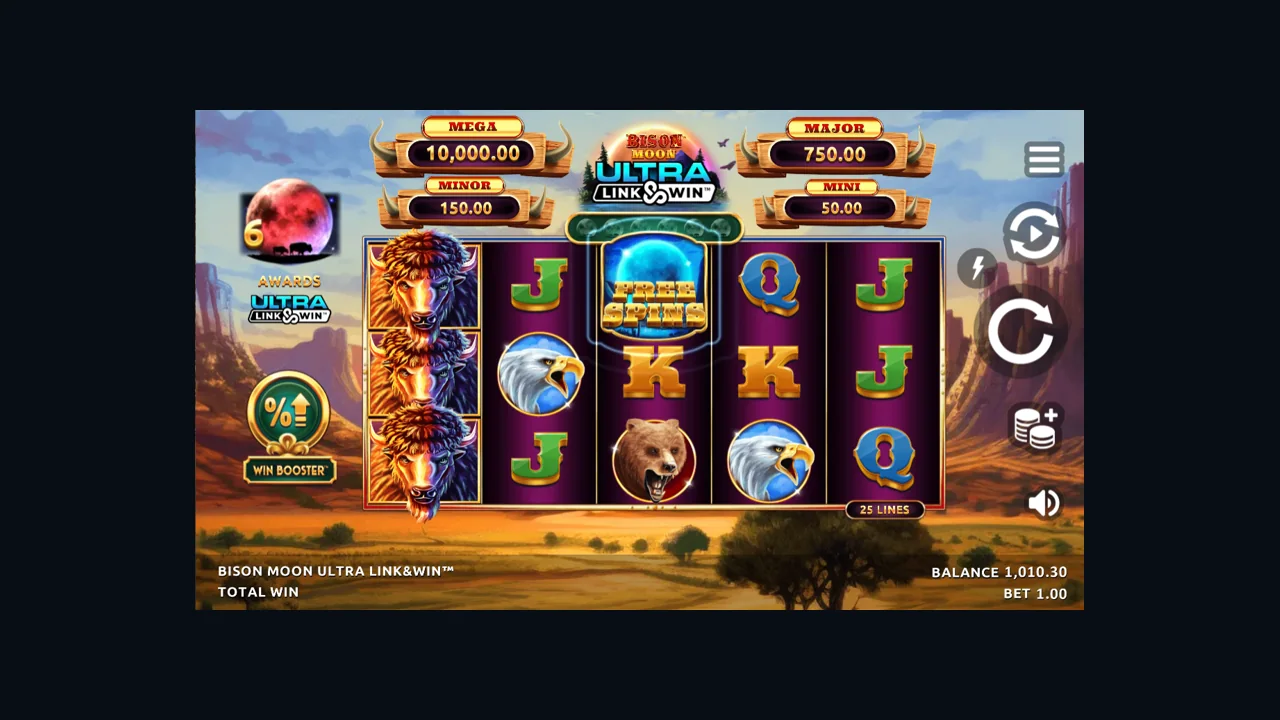 Bison Moon Ultra Link & Win gameplay screenshot showing the reels or playing interface