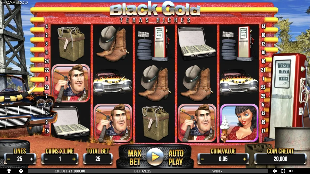 Black Gold Texas Riches loaded gameplay interface with reels and controls visible