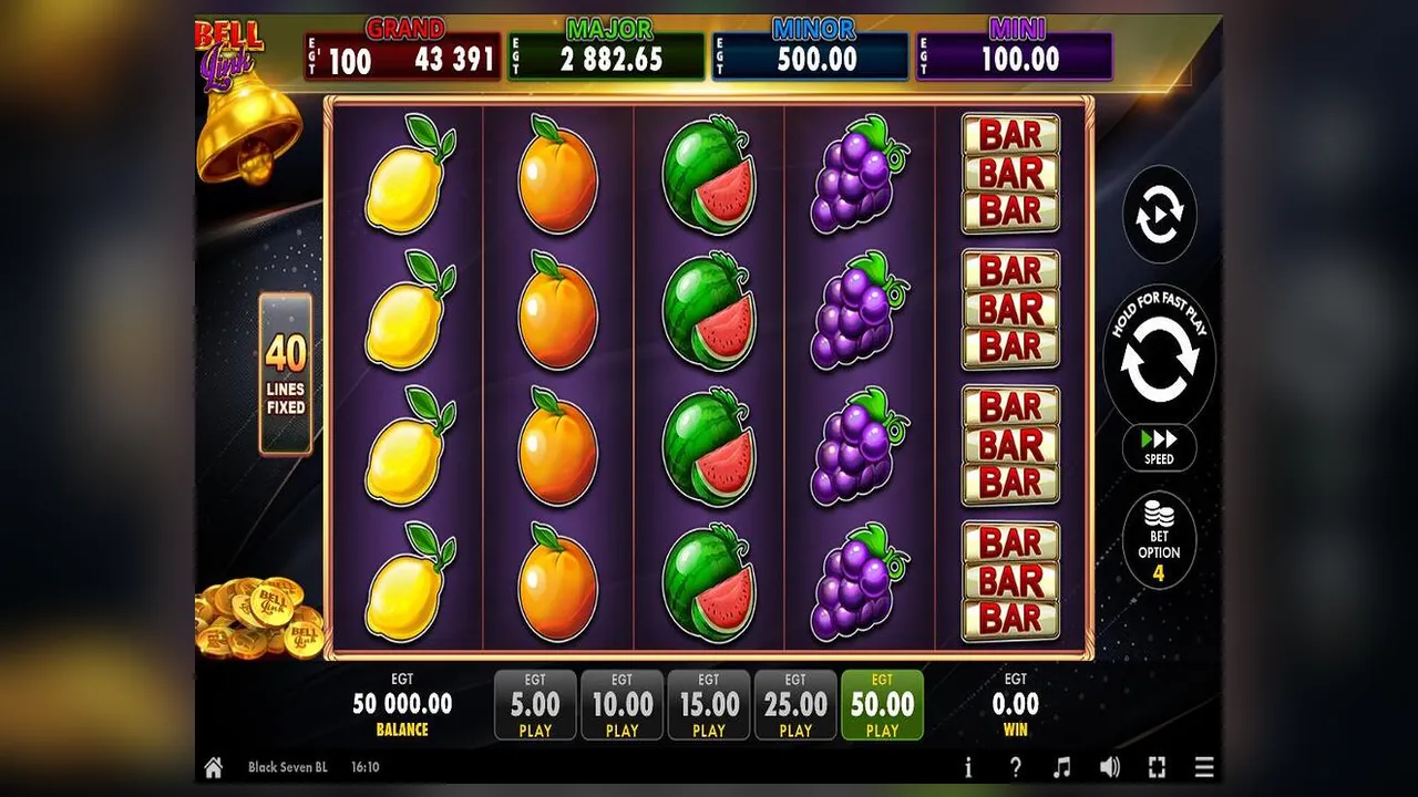 Black Seven Bell Link loaded gameplay screen with the reels and controls visible