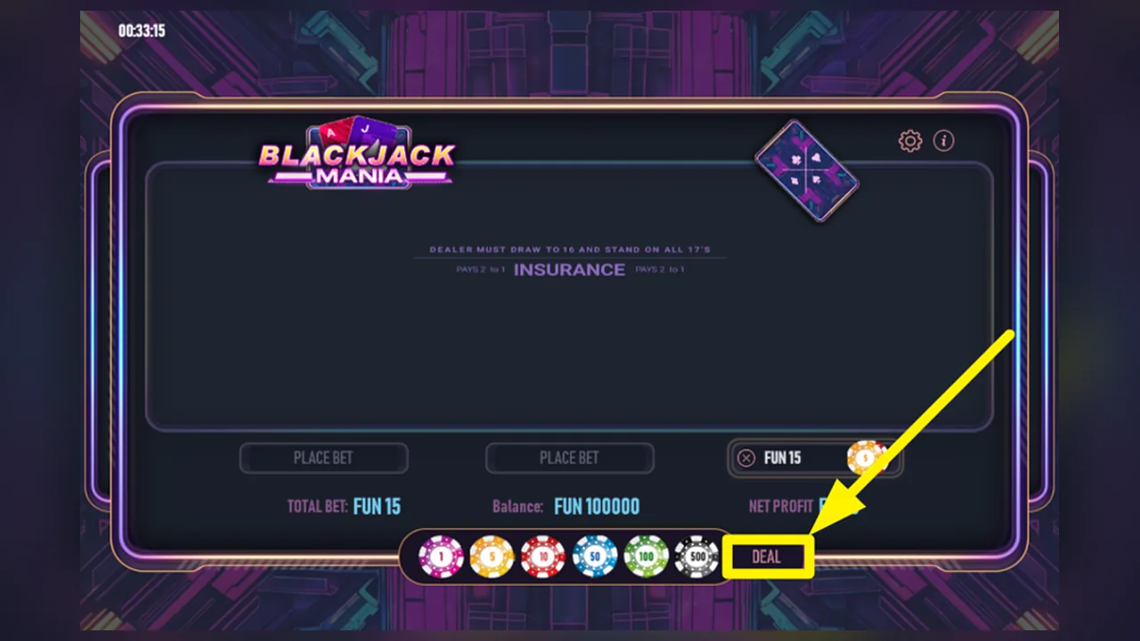 Blackjack Mania gameplay screen with the game interface and controls visible