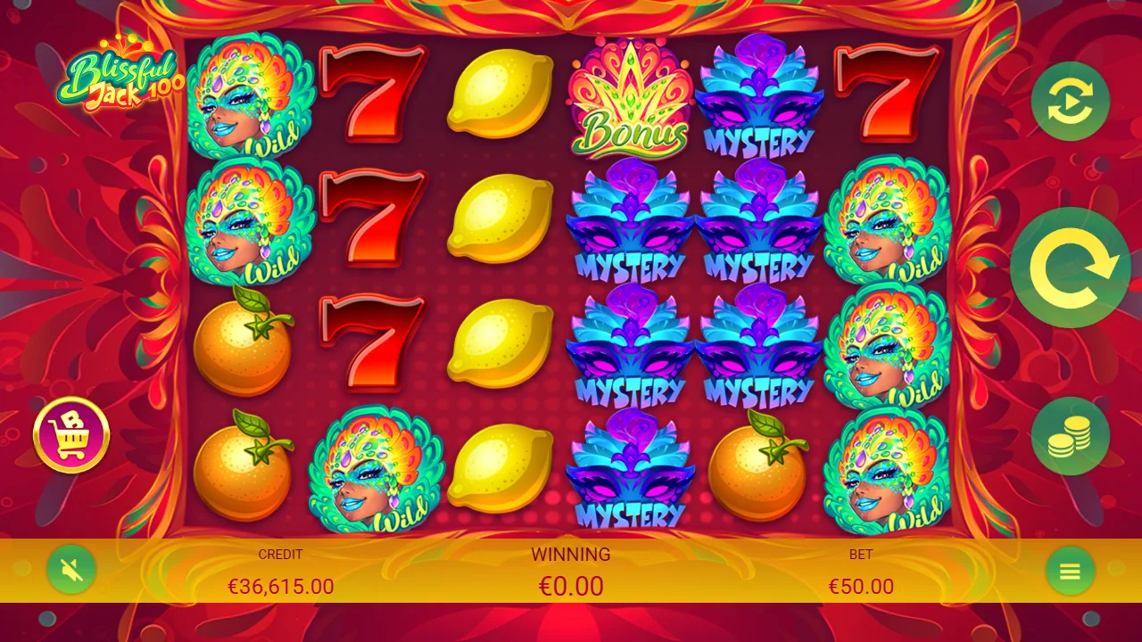 Blissful Jack 100 loaded gameplay interface with the game, controls and balance visible