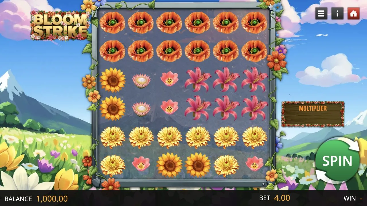Bloom Strike gameplay screenshot showing the reels and controls