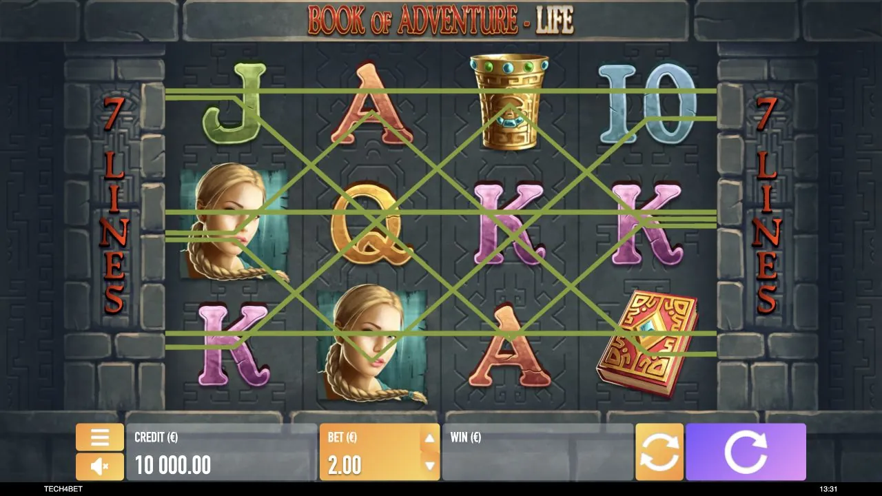 Book of Adventure Life loaded gameplay screen with reels and controls visible