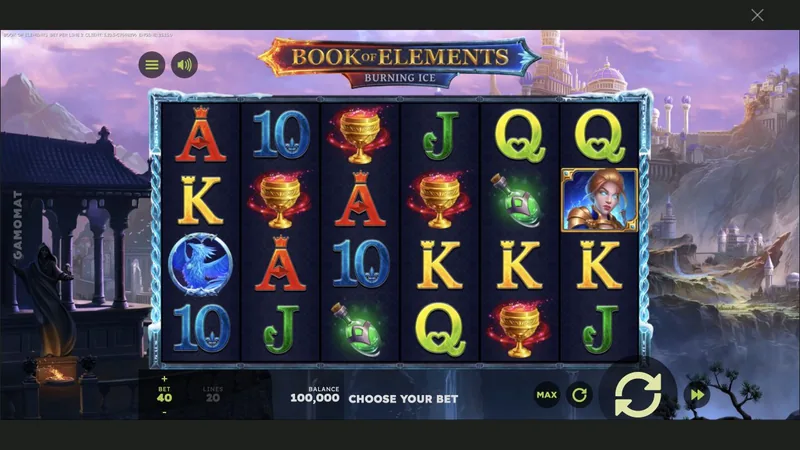 Book of Elements gameplay screenshot showing the reels