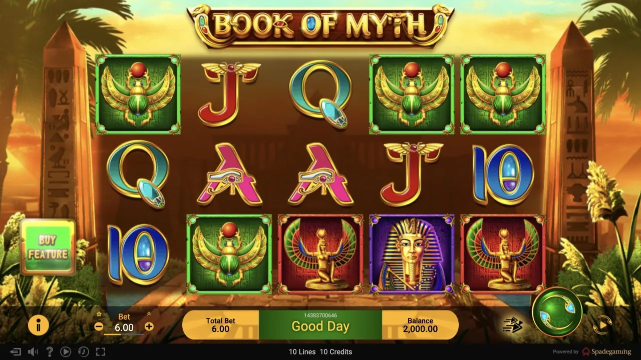 Book of Myth loaded gameplay interface with reels and controls visible