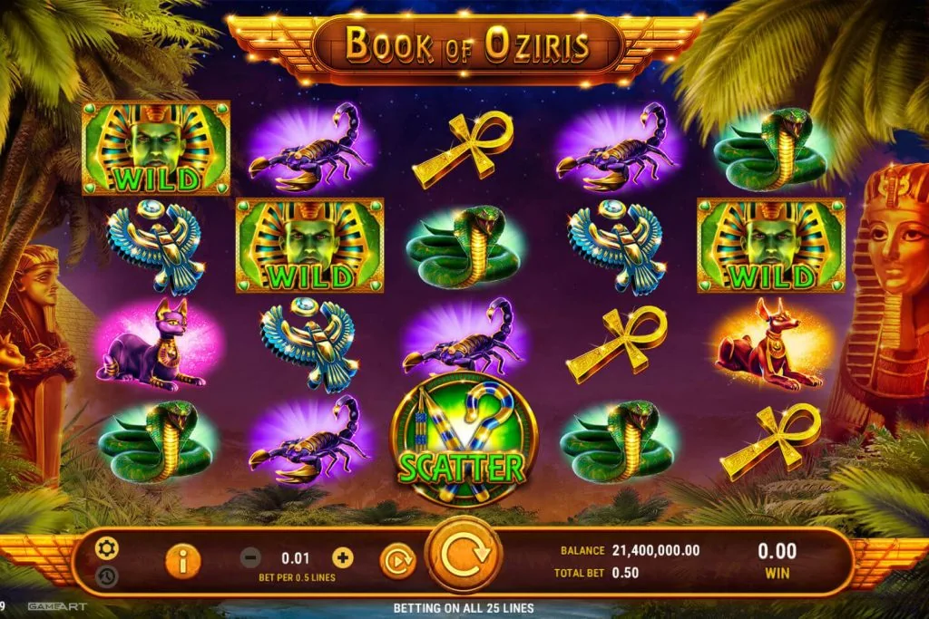 Book of Oziris gameplay screenshot showing the reels or game interface