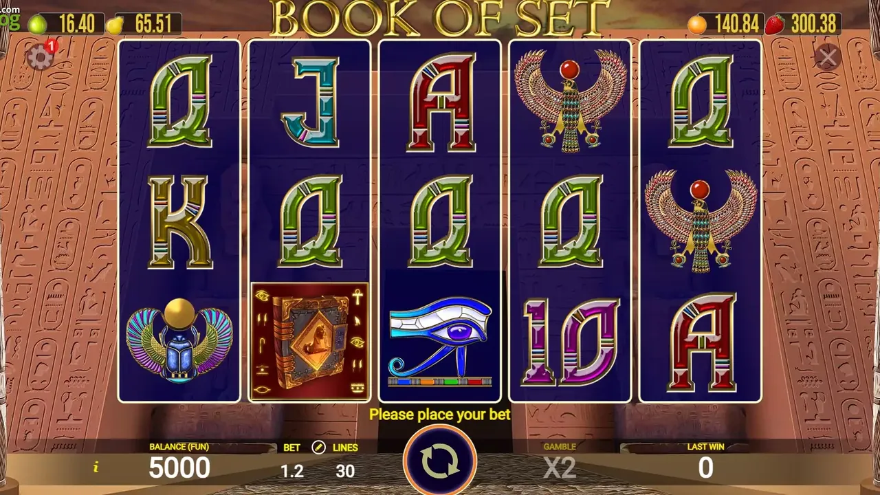 Book of Set loaded gameplay interface with playing area and controls visible