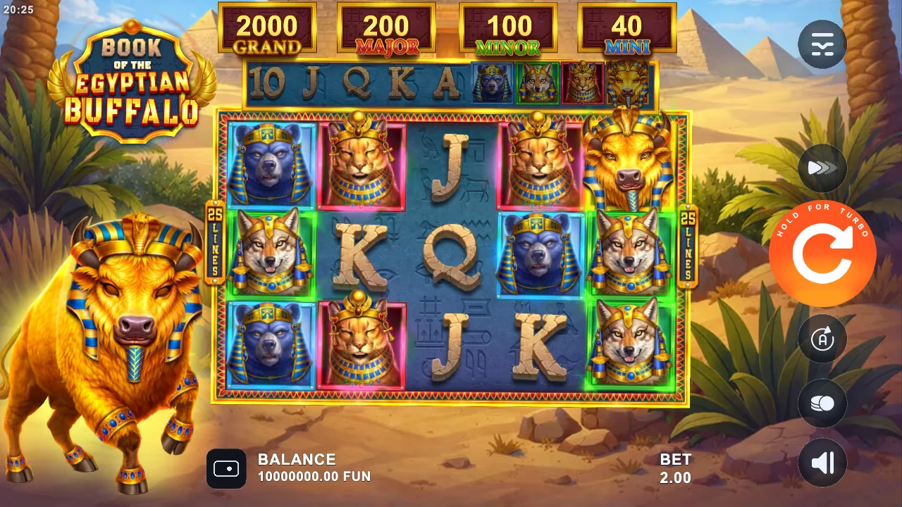 Book of the Egyptian Buffalo loaded gameplay interface with active controls visible