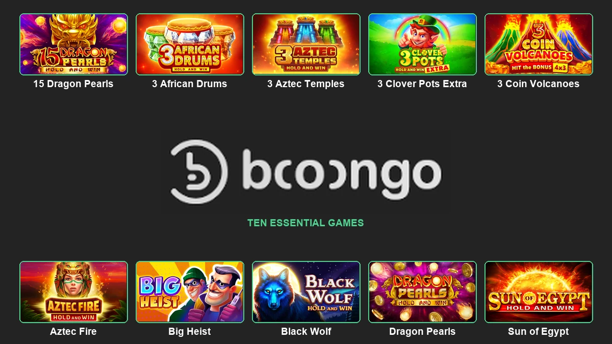 Booongo logo surrounded by ten essential Booongo and BNG game thumbnails