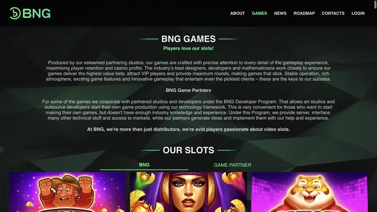 BNG official games website showing the provider logo, navigation and slot library