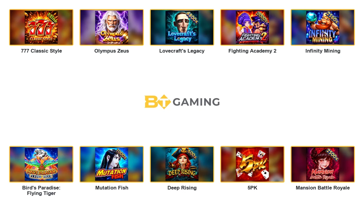 BT Gaming logo centred between ten complete branded game thumbnails