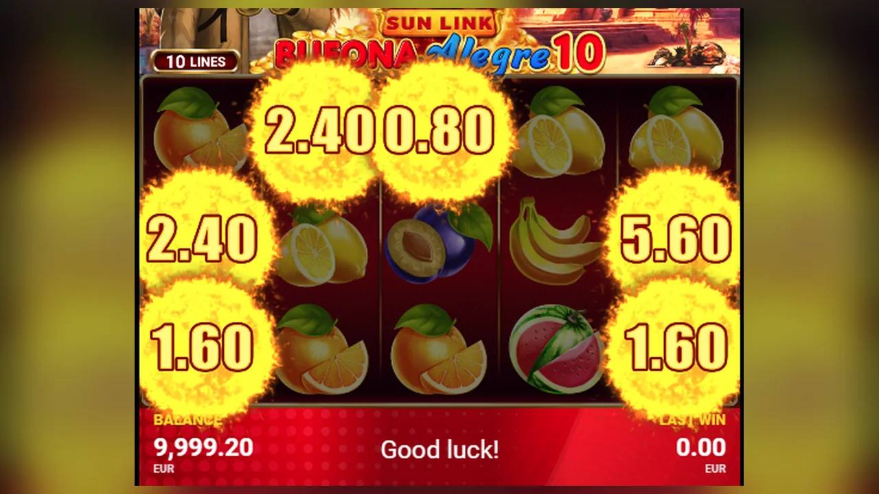 Bufona Alegre 10 Sun Link gameplay screen with reels, symbols and controls visible