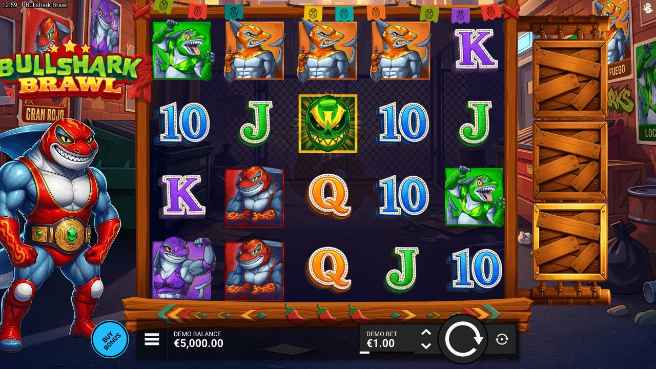Bullshark Brawl gameplay showing reels and controls