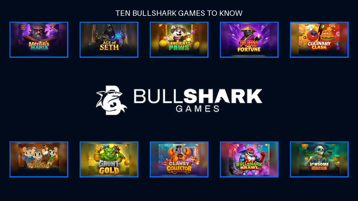 Ten Bullshark Games titles surrounding the Bullshark Games logo
