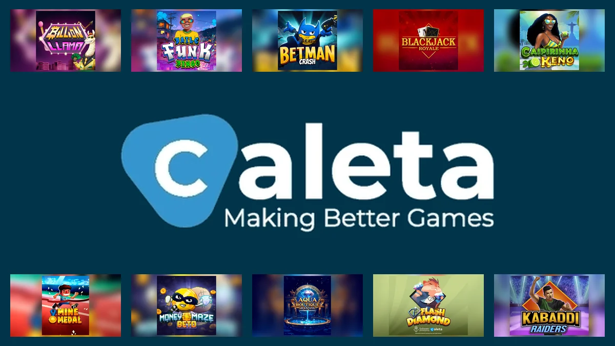 Caleta Gaming logo centred between ten complete branded game thumbnails