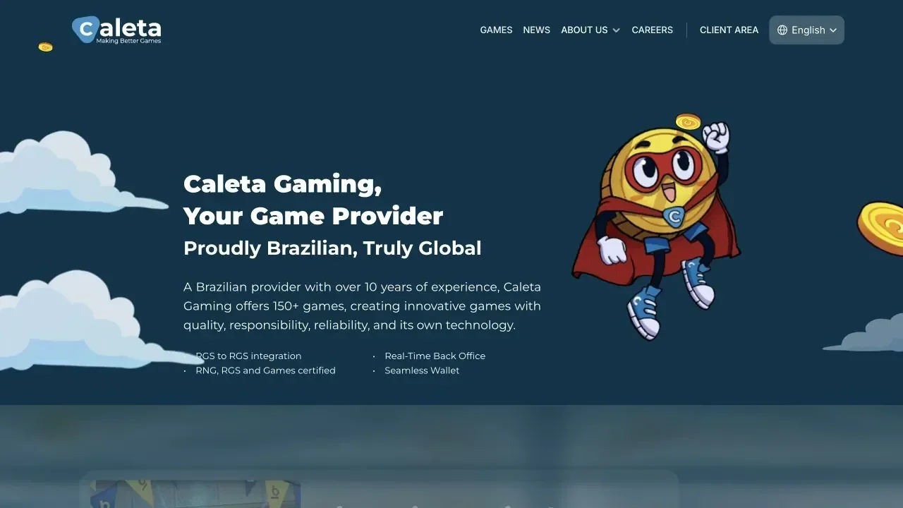 Caleta Gaming website showing the company identity and game collection without pop-ups